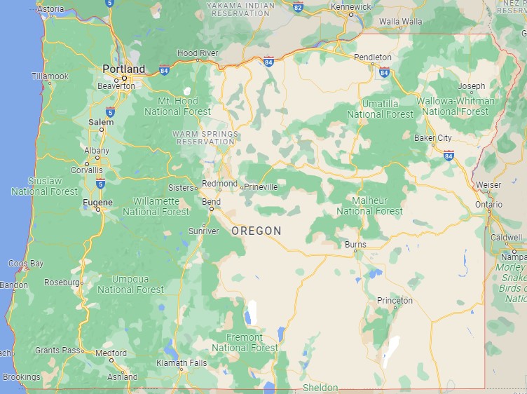 Google haritalarında Oregon eyaleti