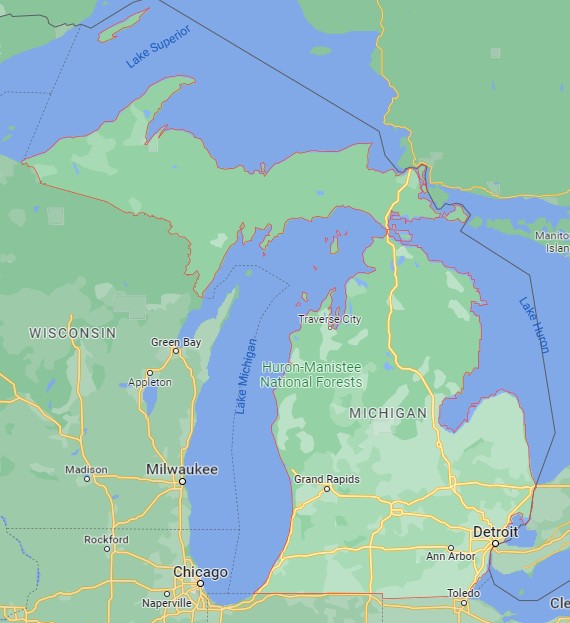ولاية ميشيغان كما هو موضح في خرائط جوجل