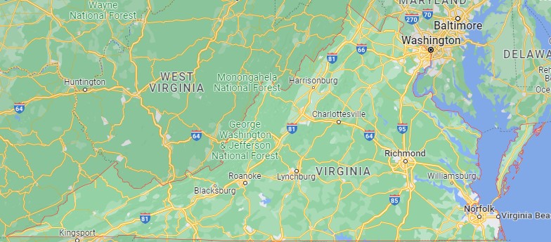 Google マップのバージニア州