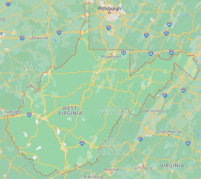 Google マップのウェスト バージニア州