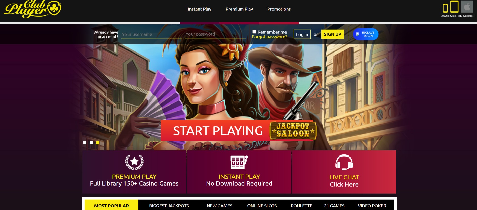 club player casino homepage screenshot