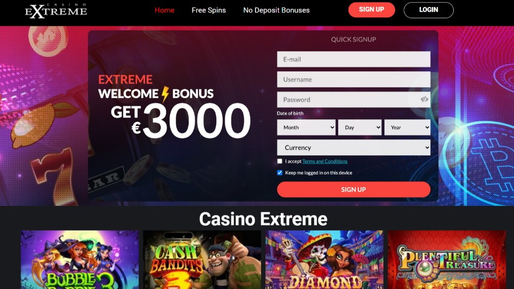 Extreme casino homepage screenshot