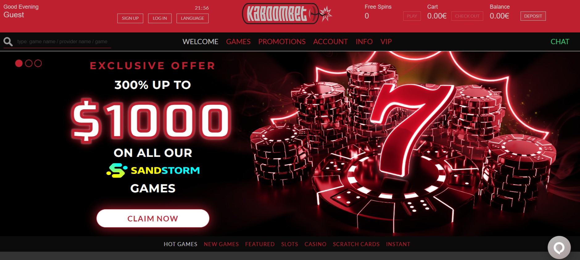 Schermafbeelding van de startpagina van Kaboombet Casino