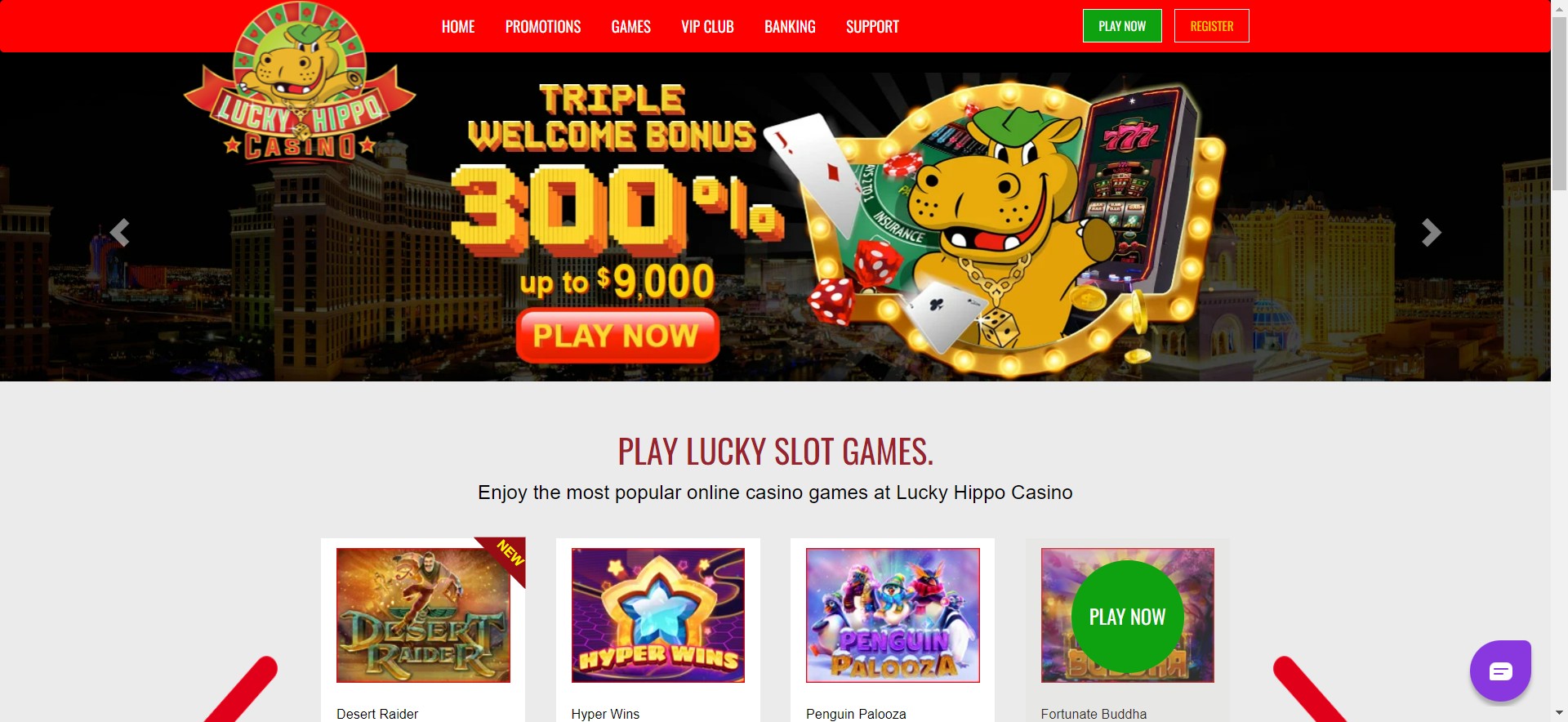 lucky hippo casino homepage screenshot
