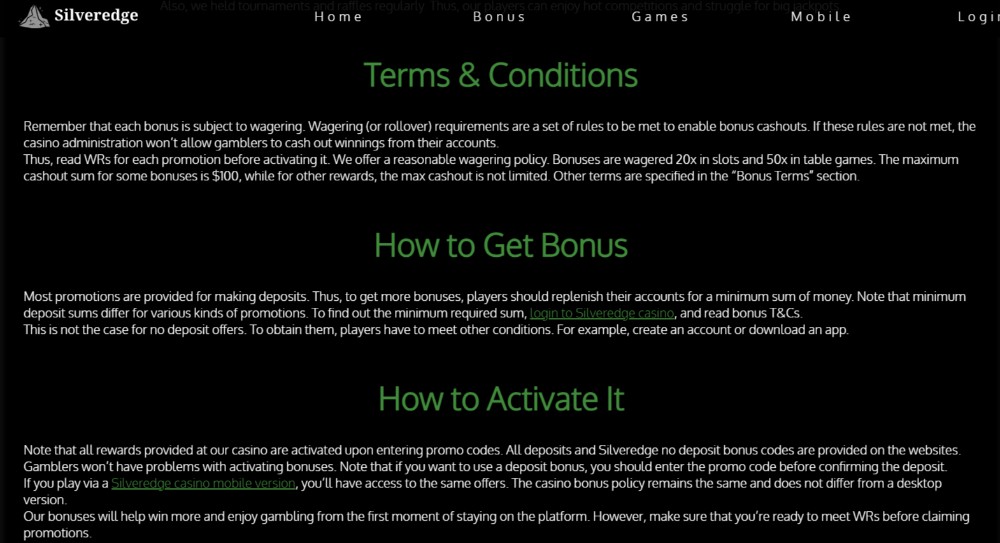 silveredge casino - how to get bonus and terms & conditions