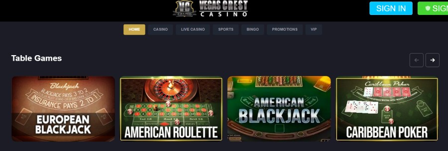 Vegas Crest casino table games