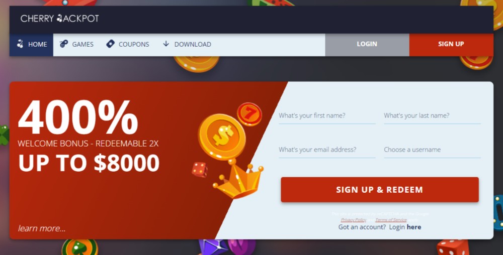 Cherry Jackpot casino - Homepage screenshot