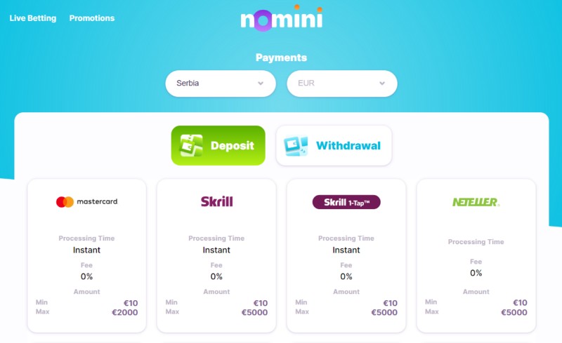 Nomini casino - Deposit and Withdrawal
