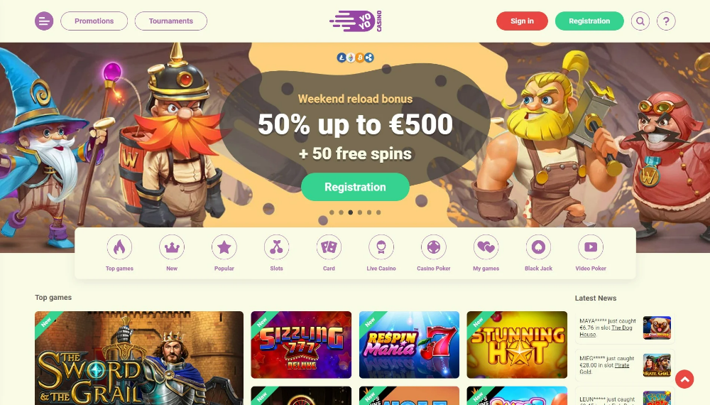 Yoyo casino website - homepage screenshot