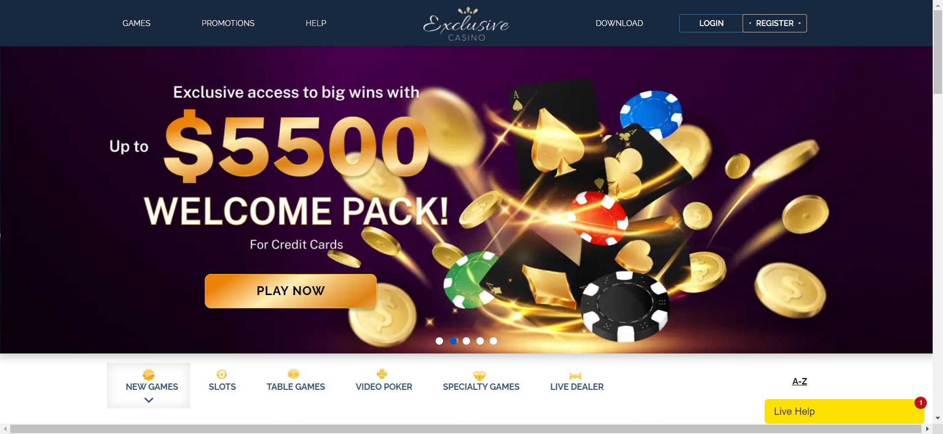 Exclusive casino homepage screenshot